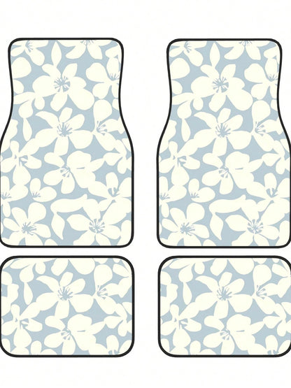 Light Blue Beige Boho Floral 4-Piece Custom Printed All-Weather Floor Mats- Universal Fit For Suv, Truck, Van| Easy Clean
