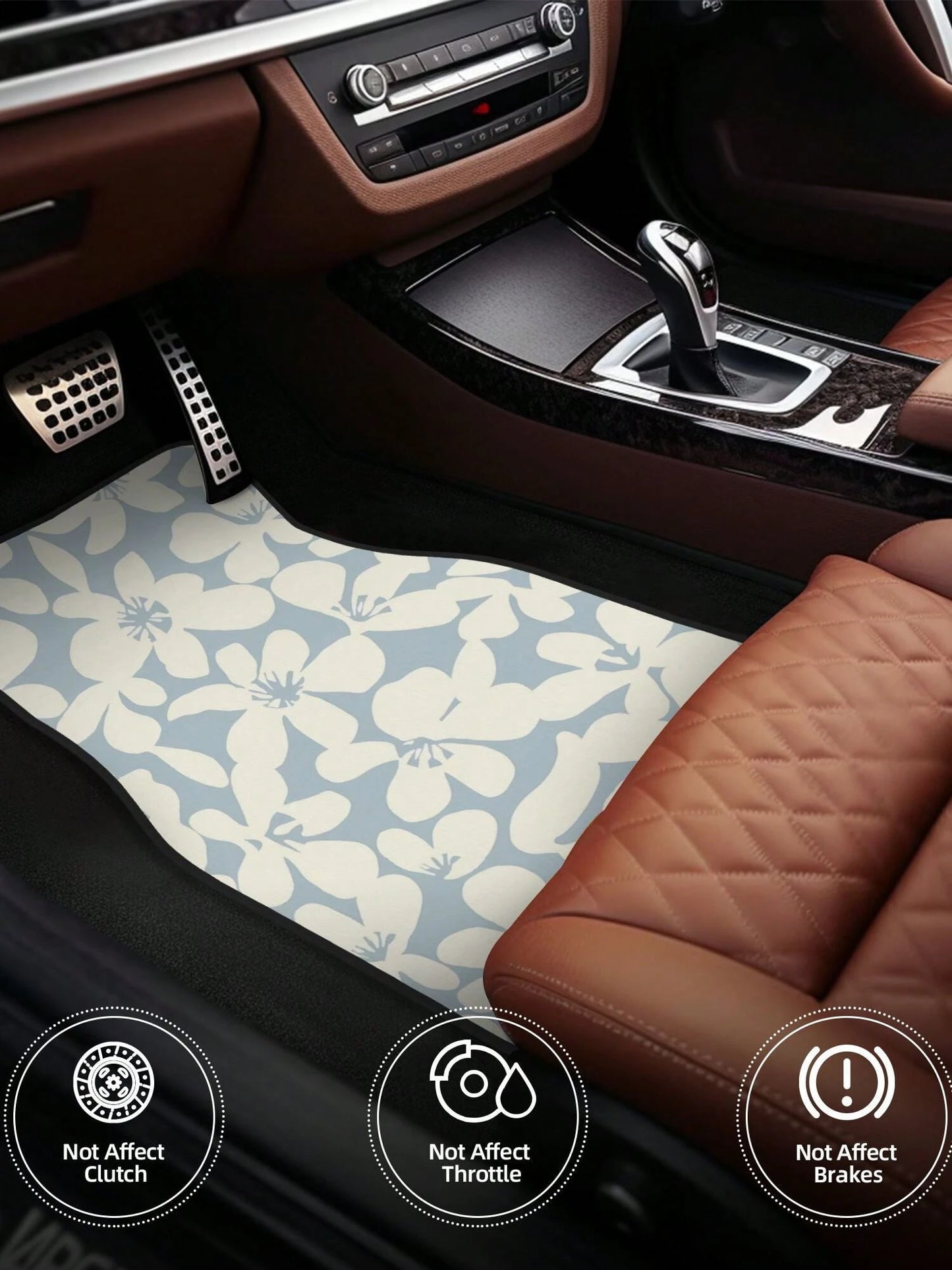 Light Blue Beige Boho Floral 4-Piece Custom Printed All-Weather Floor Mats- Universal Fit For Suv, Truck, Van| Easy Clean