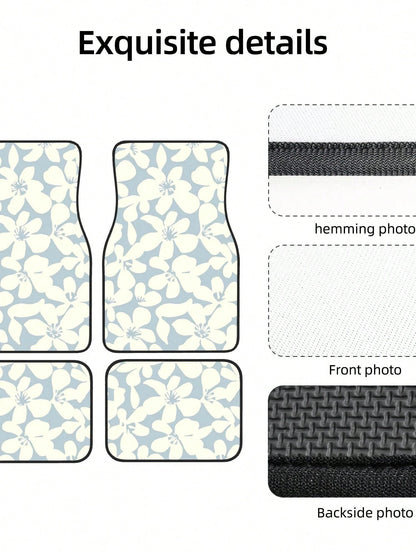 Light Blue Beige Boho Floral 4-Piece Custom Printed All-Weather Floor Mats- Universal Fit For Suv, Truck, Van| Easy Clean