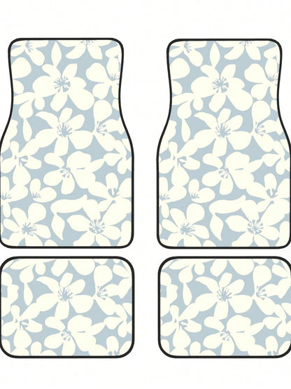 Light Blue Beige Boho Floral 4-Piece Custom Printed All-Weather Floor Mats- Universal Fit For Suv, Truck, Van| Easy Clean