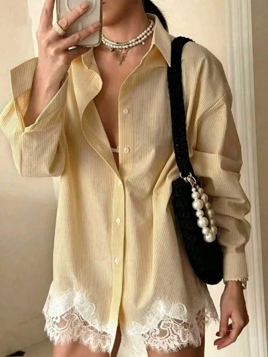 Light Blue Fine Striped Lace Patchwork Women's Loose Blouse, Draping, Lazy, Commute Date, Vacation Casual, Fresh And Flattering Yellow