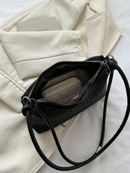 Lightweight,Business Casual Black Hobo Bag Studded Decor With Zipper For Teen Girls Women College Students,Rookies & White-collar Workers Perfect for Office,College,Work,Business,Commute,Outdoors, Tr