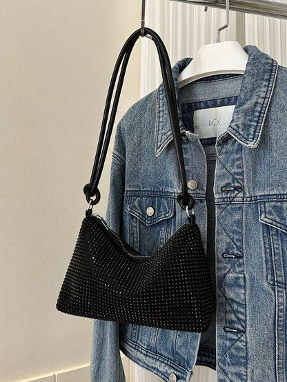 Lightweight,Business Casual Black Hobo Bag Studded Decor With Zipper For Teen Girls Women College Students,Rookies & White-collar Workers Perfect for Office,College,Work,Business,Commute,Outdoors, Tr
