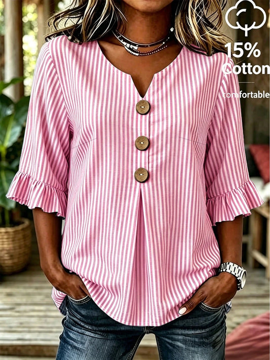 Linhara CURVE Plus Size Women's Notched V-Neck Button Decor Mid-Sleeve Blue Striped Shirt, Women's Summer Top, Vacation Shirt, Striped Top, Casual Beach Top