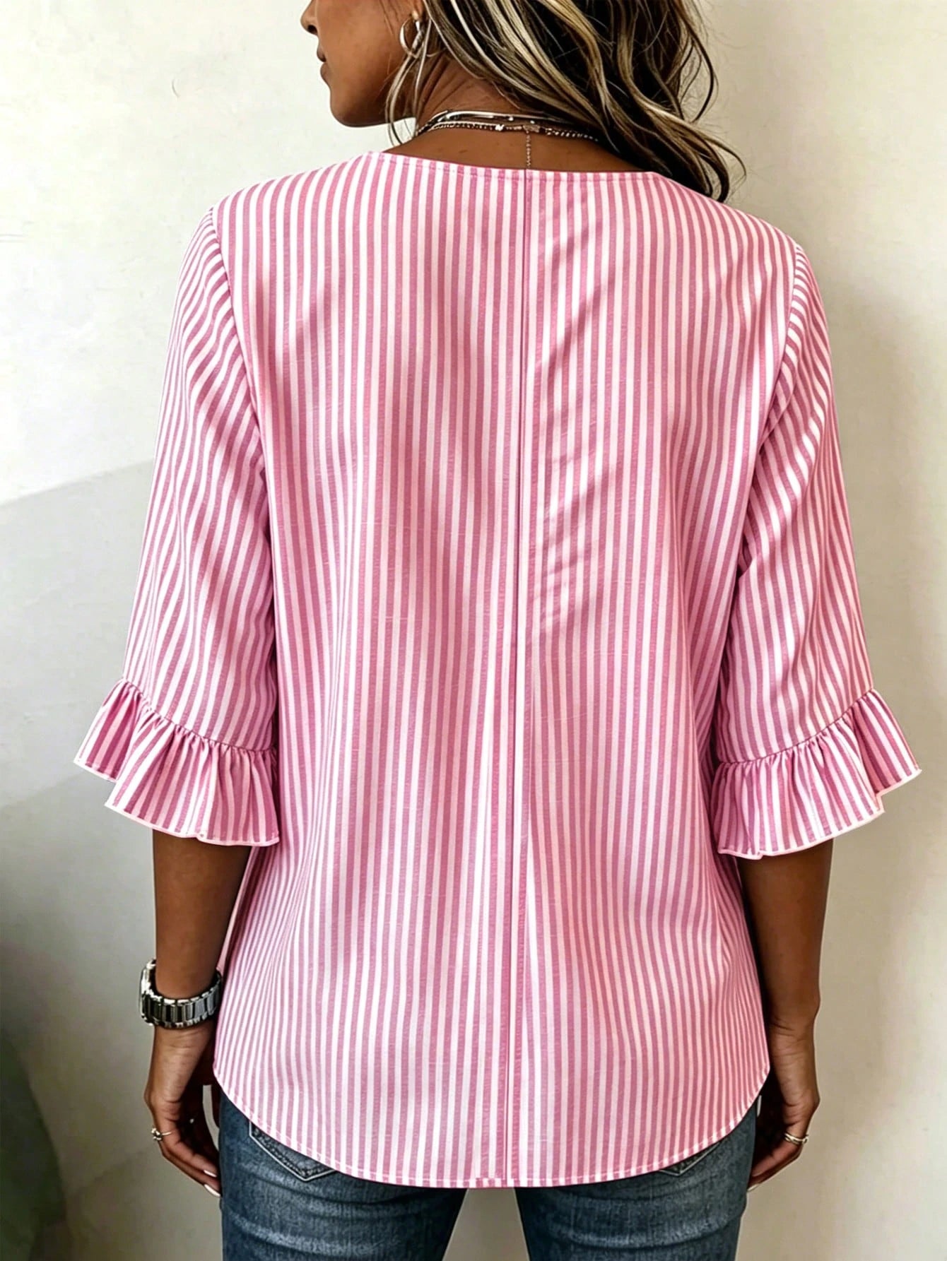 Linhara CURVE Plus Size Women's Notched V-Neck Button Decor Mid-Sleeve Blue Striped Shirt, Women's Summer Top, Vacation Shirt, Striped Top, Casual Beach Top