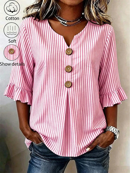 Linhara CURVE Plus Size Women's Notched V-Neck Button Decor Mid-Sleeve Blue Striped Shirt, Women's Summer Top, Vacation Shirt, Striped Top, Casual Beach Top