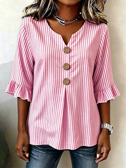 Linhara CURVE Plus Size Women's Notched V-Neck Button Decor Mid-Sleeve Blue Striped Shirt, Women's Summer Top, Vacation Shirt, Striped Top, Casual Beach Top