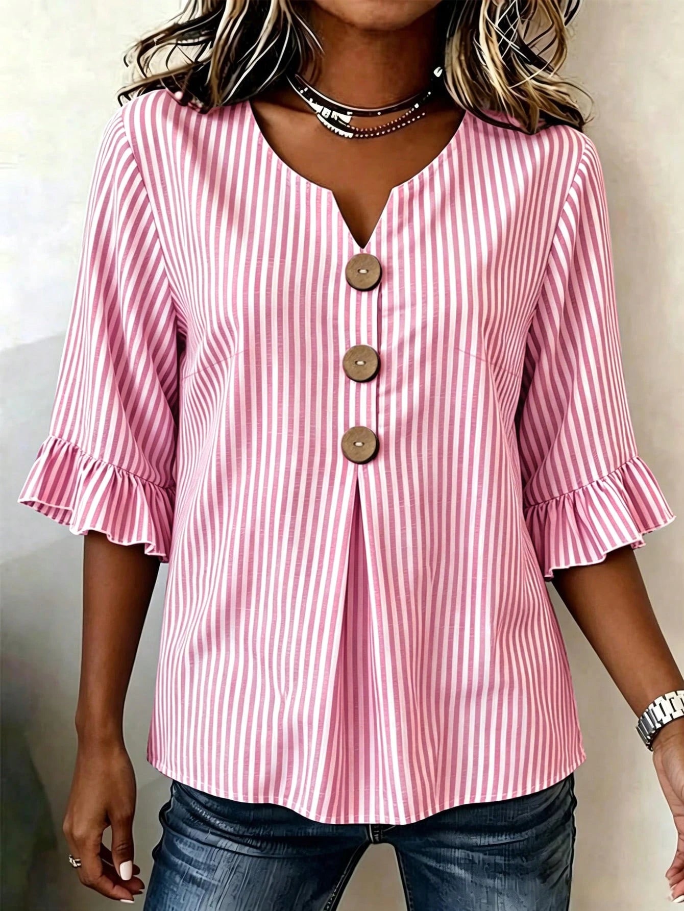 Linhara CURVE Plus Size Women's Notched V-Neck Button Decor Mid-Sleeve Blue Striped Shirt, Women's Summer Top, Vacation Shirt, Striped Top, Casual Beach Top