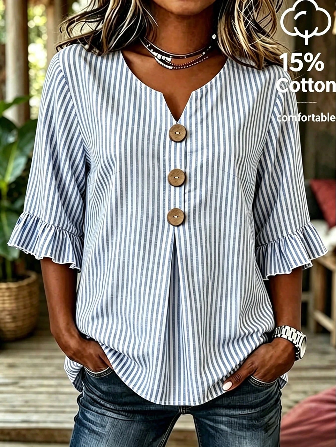 Linhara CURVE Plus Size Women's Notched V-Neck Button Decor Mid-Sleeve Blue Striped Shirt, Women's Summer Top, Vacation Shirt, Striped Top, Casual Beach Top
