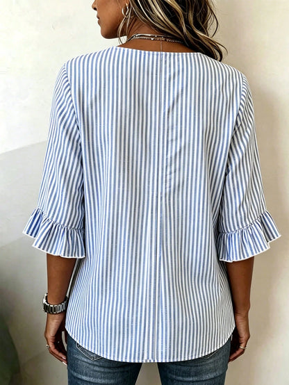 Linhara CURVE Plus Size Women's Notched V-Neck Button Decor Mid-Sleeve Blue Striped Shirt, Women's Summer Top, Vacation Shirt, Striped Top, Casual Beach Top