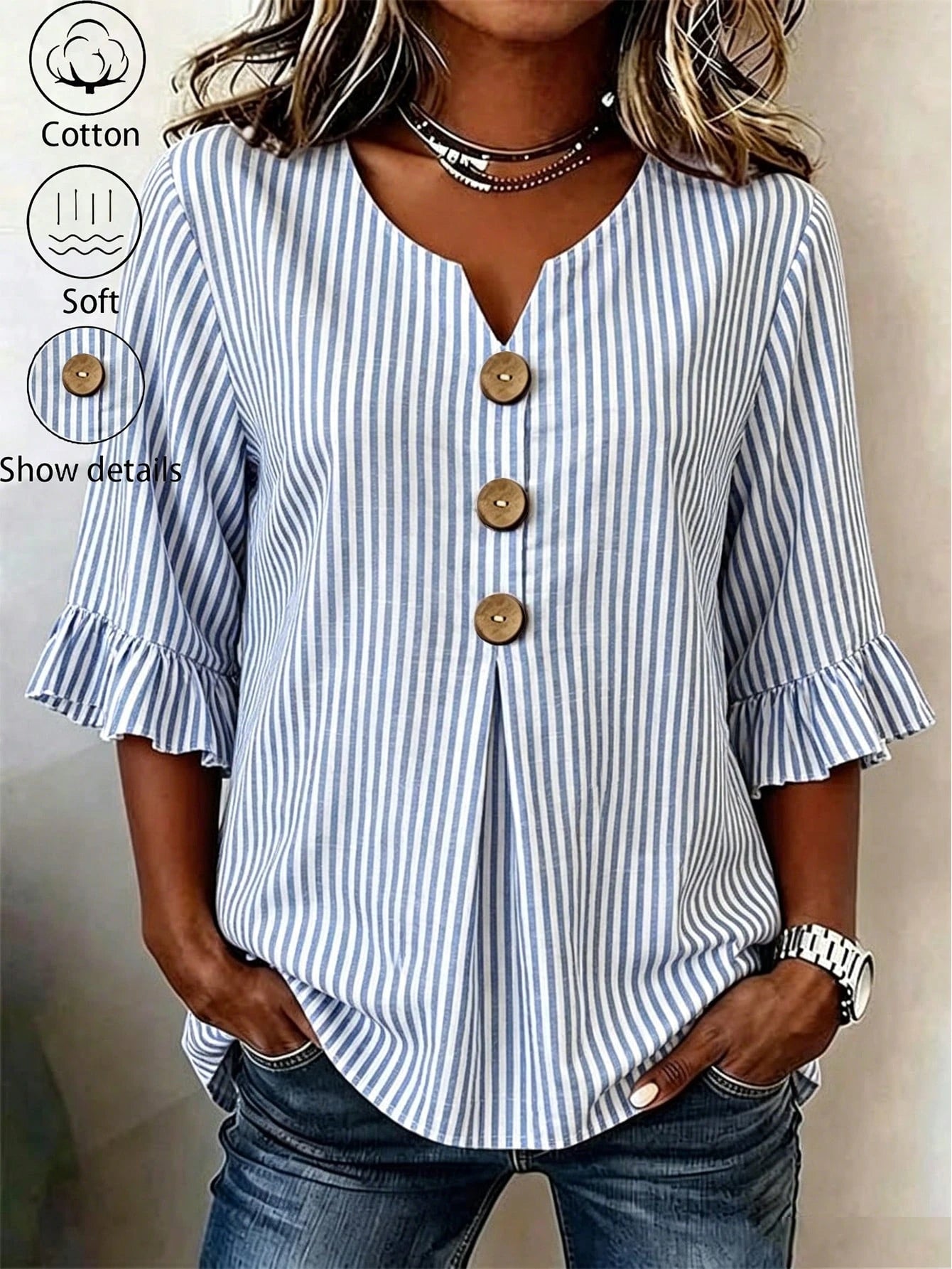 Linhara CURVE Plus Size Women's Notched V-Neck Button Decor Mid-Sleeve Blue Striped Shirt, Women's Summer Top, Vacation Shirt, Striped Top, Casual Beach Top