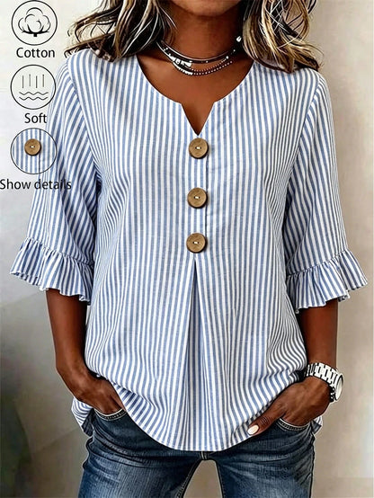 Linhara CURVE Plus Size Women's Notched V-Neck Button Decor Mid-Sleeve Blue Striped Shirt, Women's Summer Top, Vacation Shirt, Striped Top, Casual Beach Top