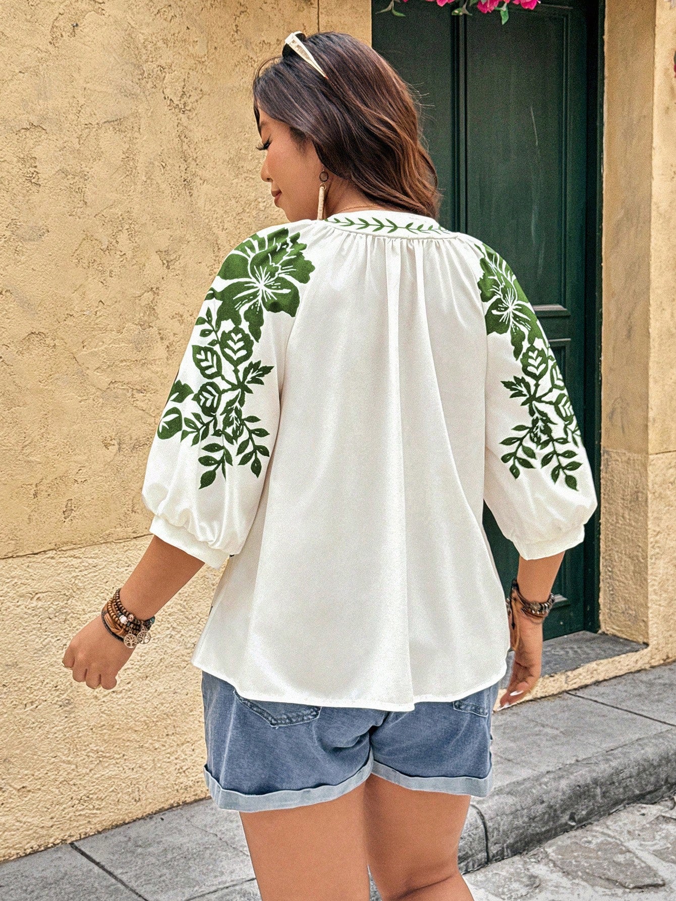 Linhara Fashionable Casual Vacation Retro Elegant Commuting 3/4 Sleeve White Floral Print Shirt Vacation Autumn Fall
