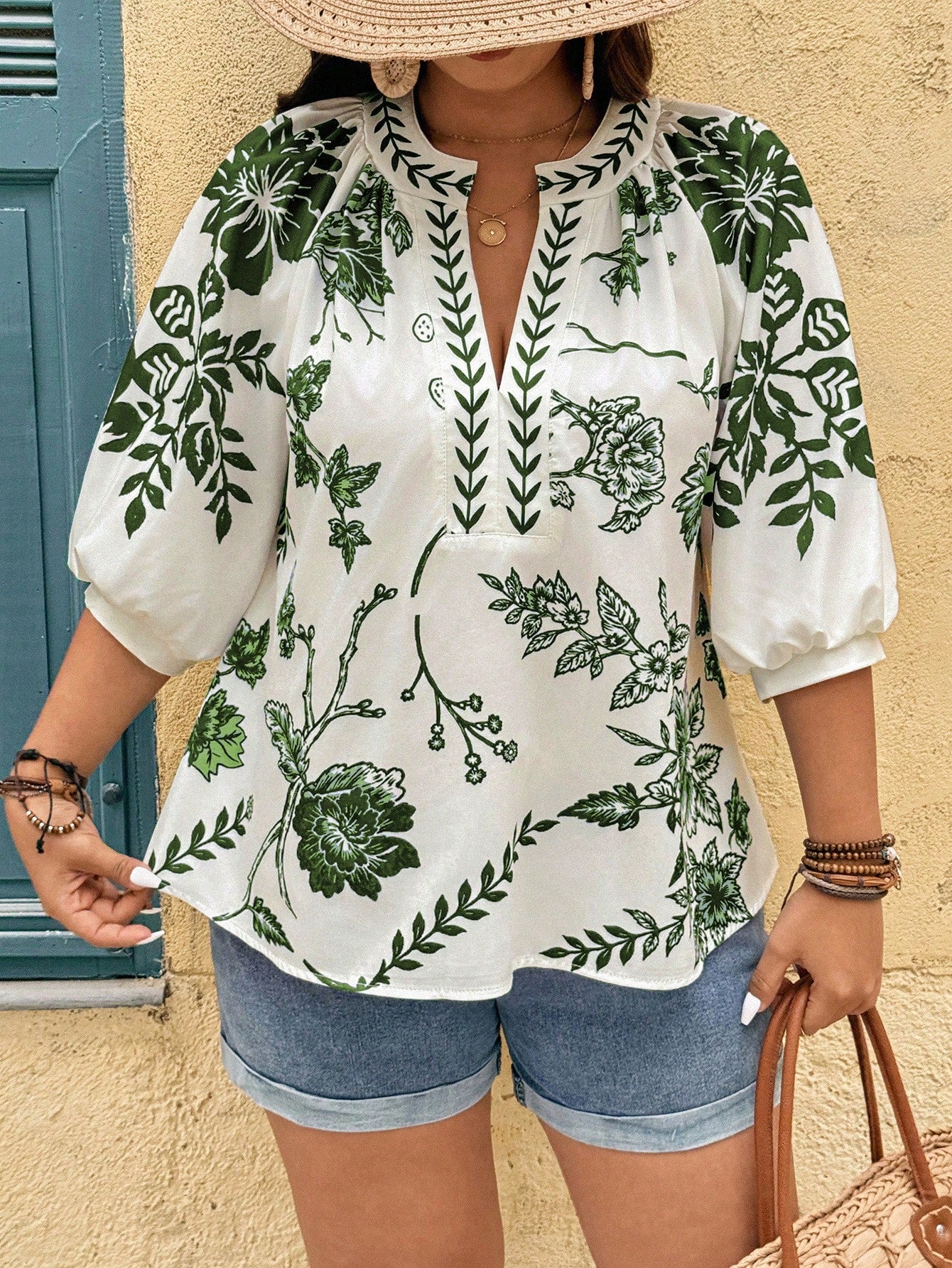 Linhara Fashionable Casual Vacation Retro Elegant Commuting 3/4 Sleeve White Floral Print Shirt Vacation Autumn Fall