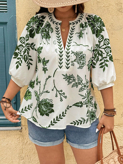 Linhara Fashionable Casual Vacation Retro Elegant Commuting 3/4 Sleeve White Floral Print Shirt Vacation Autumn Fall