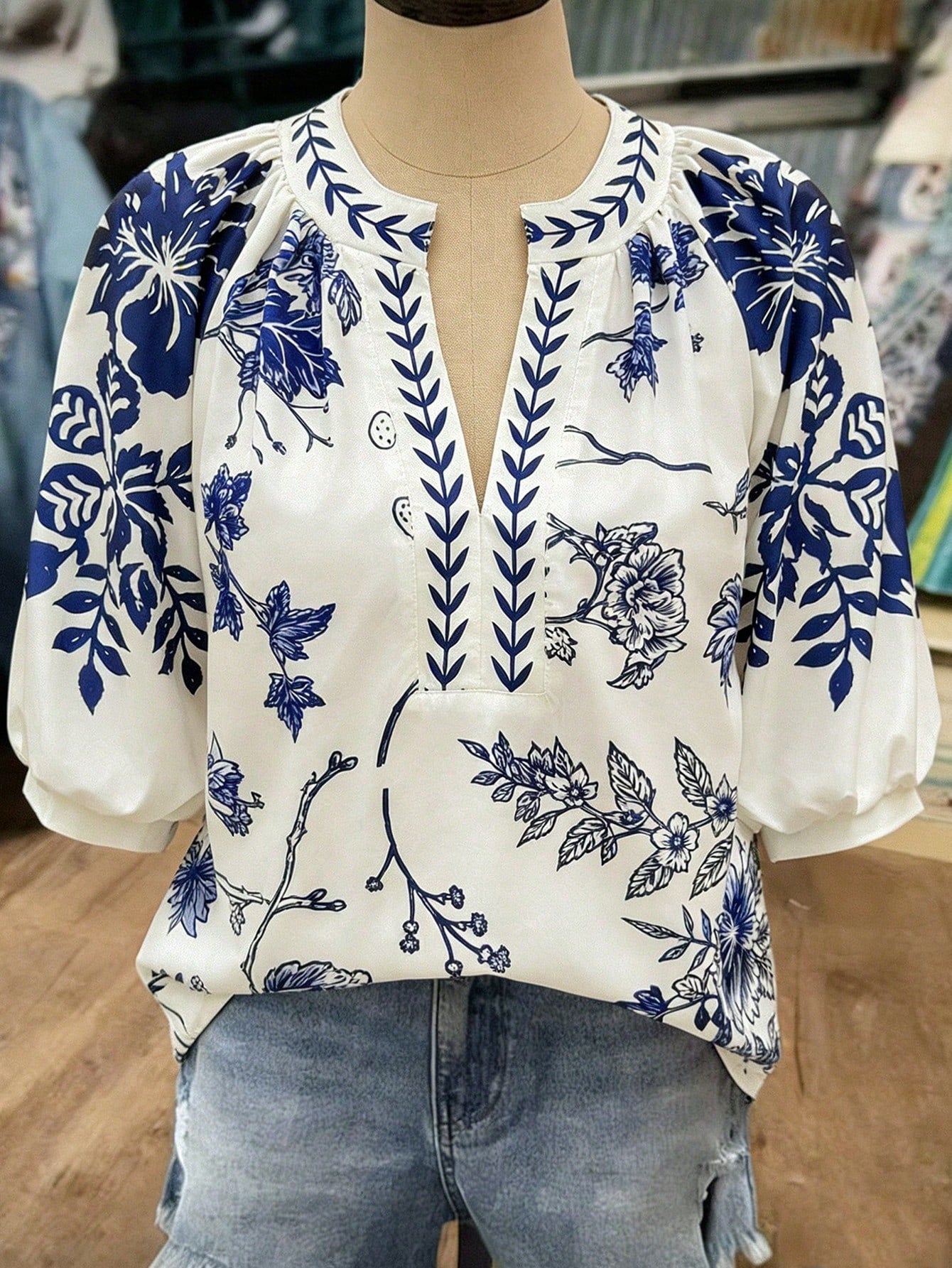 Linhara Fashionable Casual Vacation Retro Elegant Commuting 3/4 Sleeve White Floral Print Shirt Vacation Autumn Fall