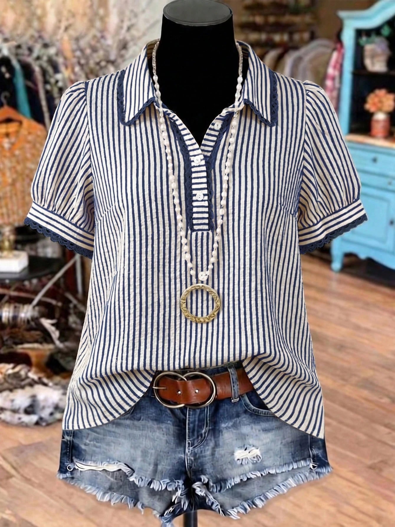 Linhara Plus Size Elegant Striped Short Sleeve Lapel Collar Casual Vacation Shirt, Slimming Effect, Spring/Summer Vacation Outing Top