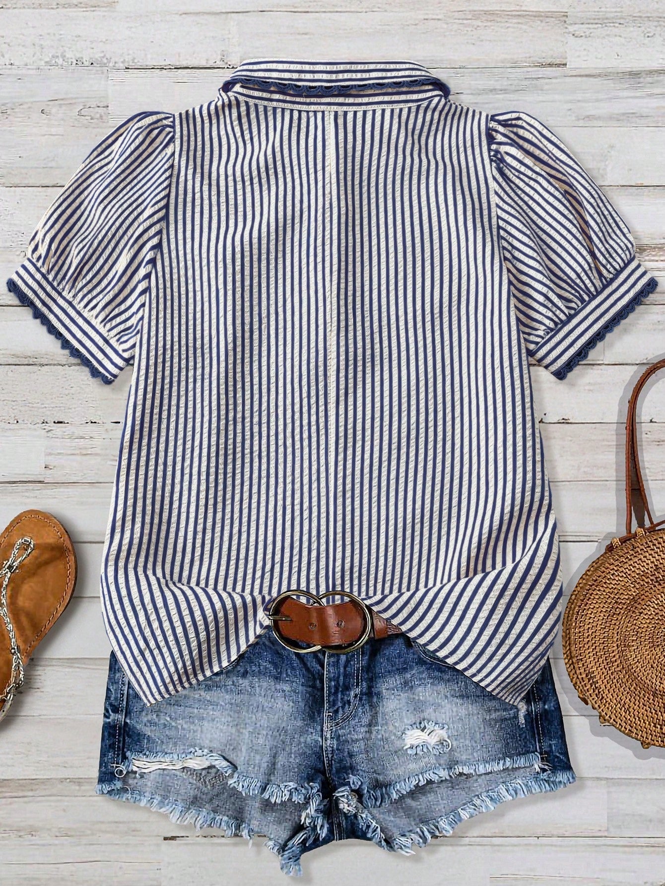 Linhara Plus Size Elegant Striped Short Sleeve Lapel Collar Casual Vacation Shirt, Slimming Effect, Spring/Summer Vacation Outing Top