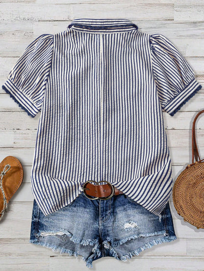 Linhara Plus Size Elegant Striped Short Sleeve Lapel Collar Casual Vacation Shirt, Slimming Effect, Spring/Summer Vacation Outing Top