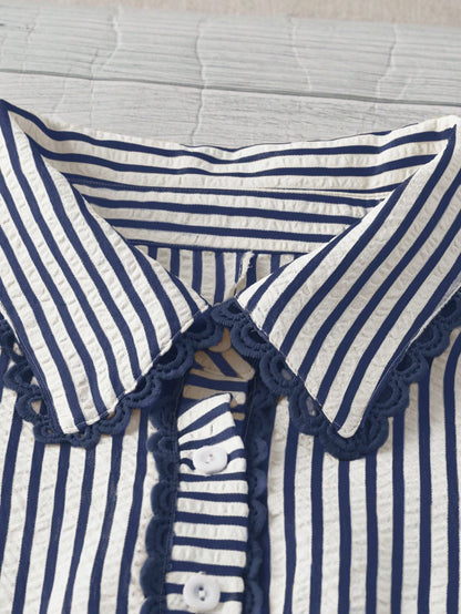 Linhara Plus Size Elegant Striped Short Sleeve Lapel Collar Casual Vacation Shirt, Slimming Effect, Spring/Summer Vacation Outing Top