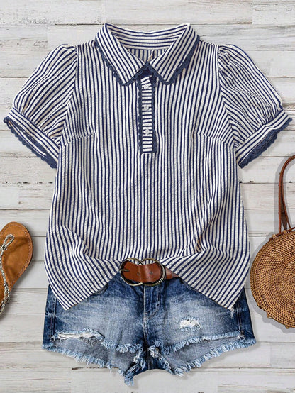 Linhara Plus Size Elegant Striped Short Sleeve Lapel Collar Casual Vacation Shirt, Slimming Effect, Spring/Summer Vacation Outing Top