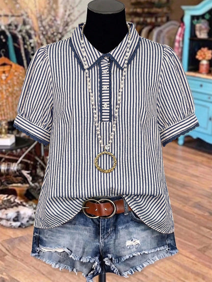Linhara Plus Size Elegant Striped Short Sleeve Lapel Collar Casual Vacation Shirt, Slimming Effect, Spring/Summer Vacation Outing Top