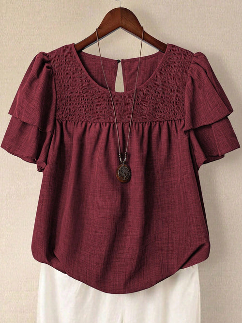 Linhara Plus Size Women's Solid Color Round Neck Double Layer Sleeve Short Sleeve Casual Shirt, Casual Fashion Versatile Pleated Summer Holiday Ladies Blouse