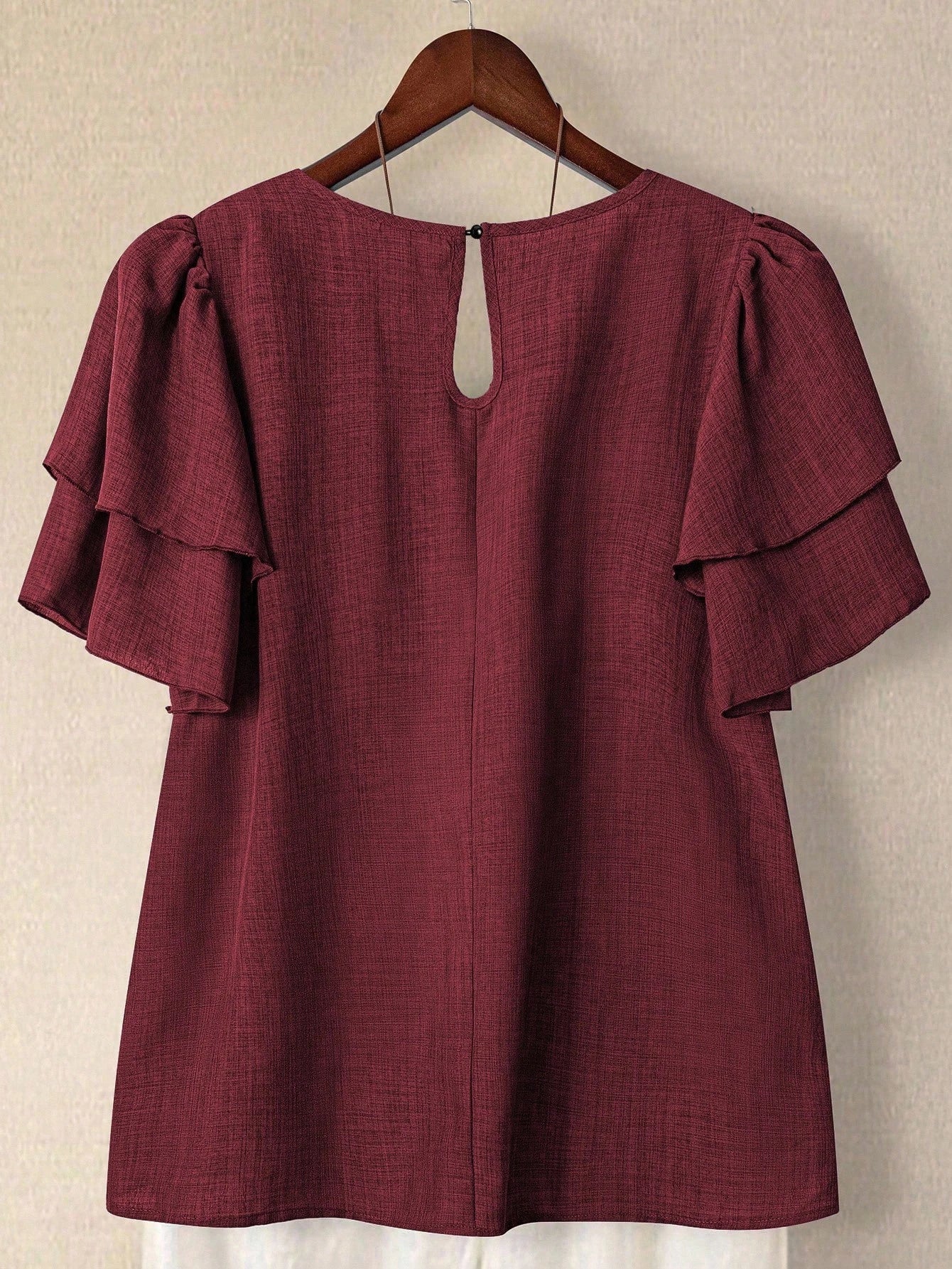 Linhara Plus Size Women's Solid Color Round Neck Double Layer Sleeve Short Sleeve Casual Shirt, Casual Fashion Versatile Pleated Summer Holiday Ladies Blouse