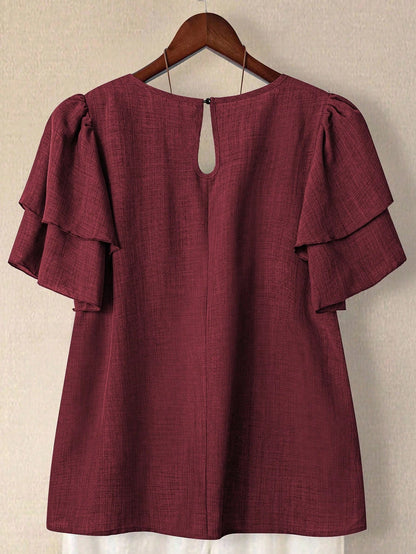 Linhara Plus Size Women's Solid Color Round Neck Double Layer Sleeve Short Sleeve Casual Shirt, Casual Fashion Versatile Pleated Summer Holiday Ladies Blouse