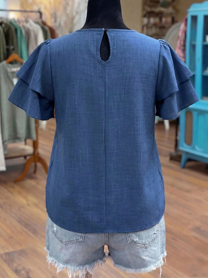 Linhara Plus Size Women's Solid Color Round Neck Double Layer Sleeve Short Sleeve Casual Shirt, Casual Fashion Versatile Pleated Summer Holiday Ladies Blouse