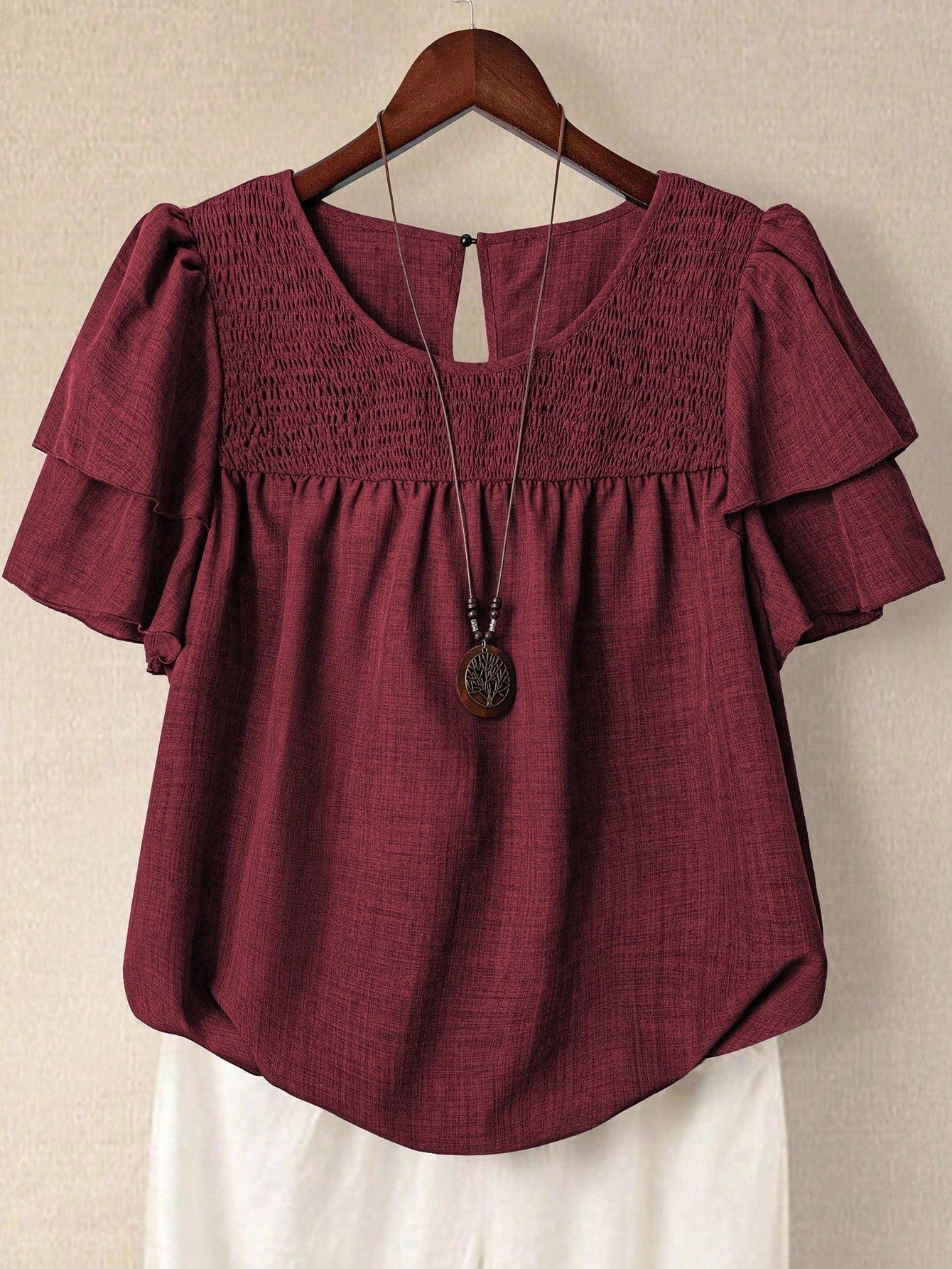 Linhara Plus Size Women's Solid Color Round Neck Double Layer Sleeve Short Sleeve Casual Shirt, Casual Fashion Versatile Pleated Summer Holiday Ladies Blouse