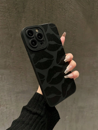 Lip Print Fashion Black TPU Sexy Lips Graphic Shockproof Full Coverage Phone Case 1pc Compatible With IPhone 16 15 14 13 12 11 Pro Max Series International Version Not The Domestic Version Spring Birt