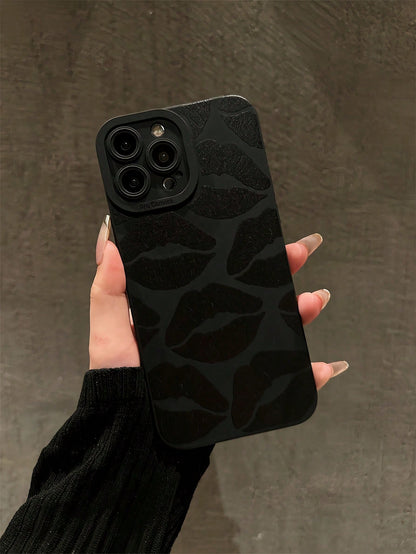 Lip Print Fashion Black TPU Sexy Lips Graphic Shockproof Full Coverage Phone Case 1pc Compatible With IPhone 16 15 14 13 12 11 Pro Max Series International Version Not The Domestic Version Spring Birt