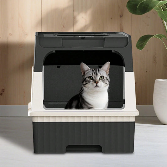 Litter Box With Lid- Fully Enclosed Cat Potty, Anti-Splashing Toilet, Self-Cleaning With Scoop, Drawer Type Front Entry Top Exit