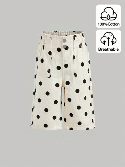 Little Byeori Baby Girl Polka Dot Pocket Button Casual Versatile Daily Wear Denim Jeans