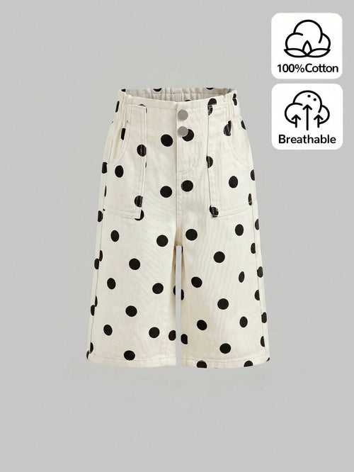 Little Byeori Baby Girl Polka Dot Pocket Button Casual Versatile Daily Wear Denim Jeans
