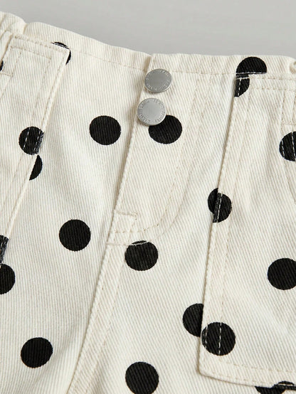Little Byeori Baby Girl Polka Dot Pocket Button Casual Versatile Daily Wear Denim Jeans