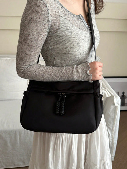 Livesso Fashionable Solid Color Large Capacity Zipper Crossbody Bag, Casual Portable Sports Shoulder Bag, Simple Commuter Bag For Women, Retro Style