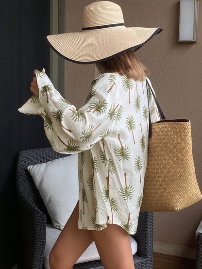 Livesso Women's Floral Print Loose Turndown Collar Beach Resort Casual Summer Blouse Long Sleeve Top Vacation Boho