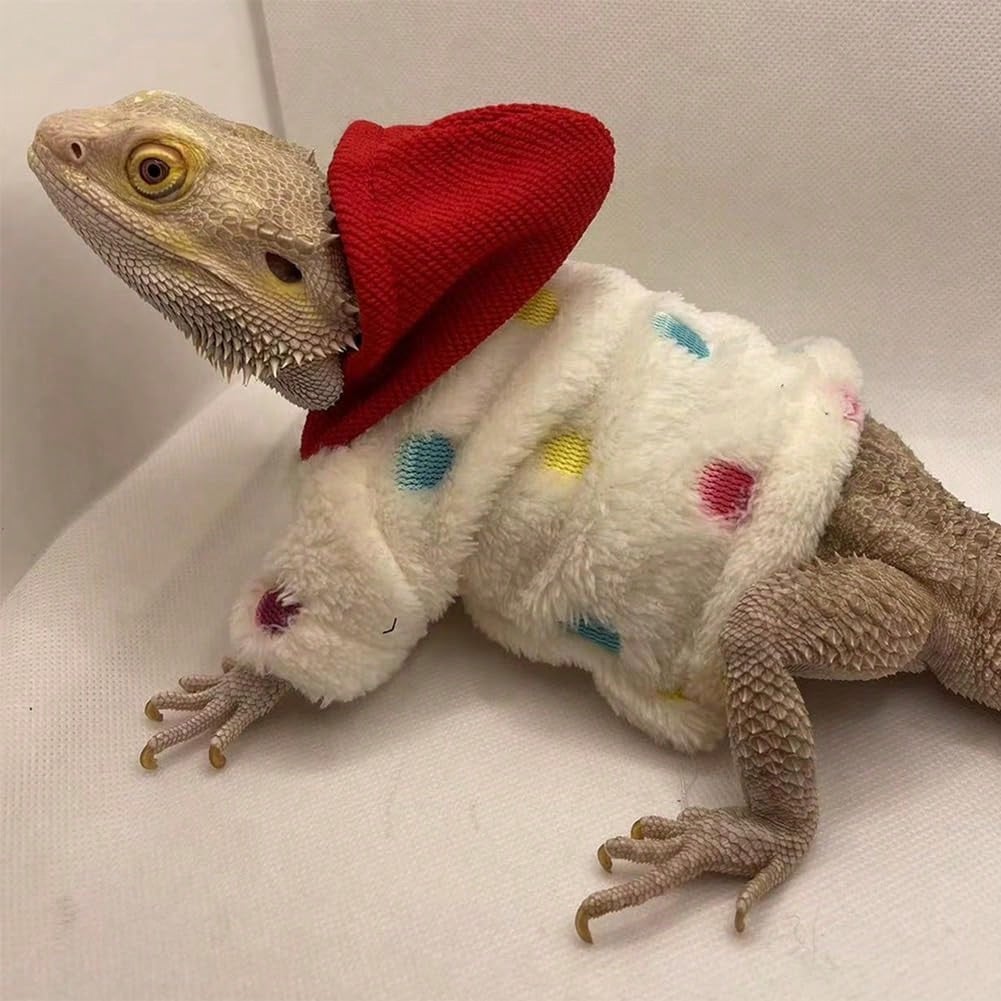 Lizard Clothes For Bearded Dragons Reptile Apparel Handmade Cotton Material Hoodies Sweater For Skin Protection Cool Hoodie Crested Gecko Chameleon (Red Hat, Large)