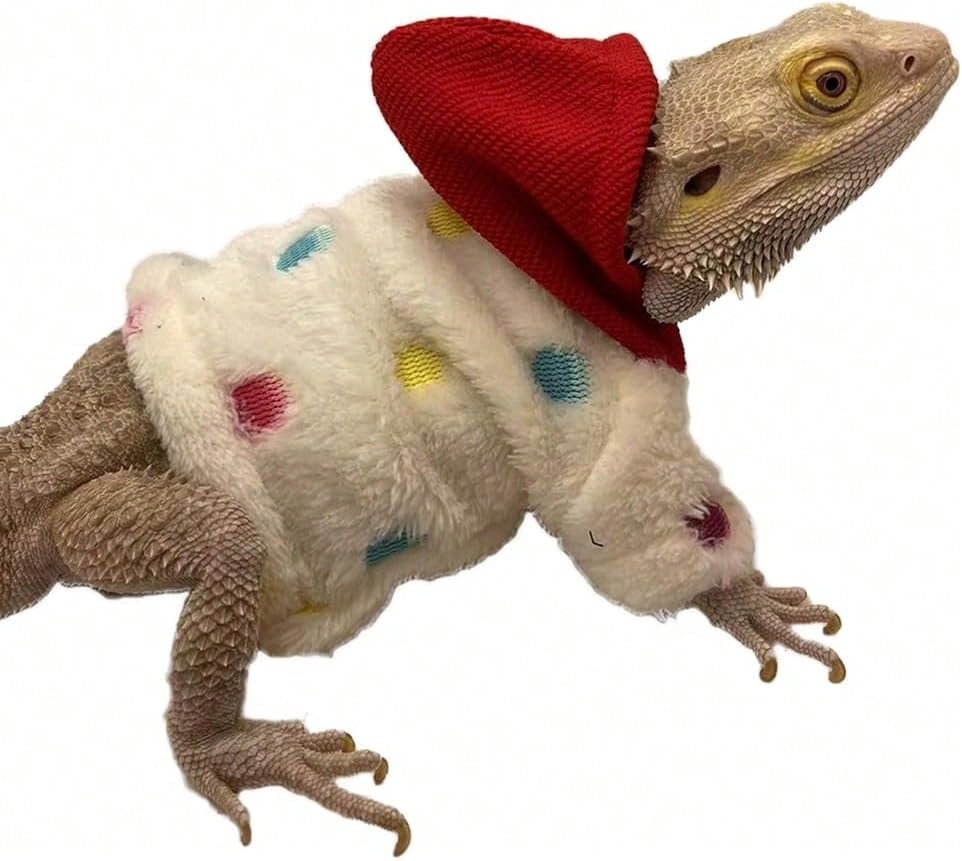 Lizard Clothes For Bearded Dragons Reptile Apparel Handmade Cotton Material Hoodies Sweater For Skin Protection Cool Hoodie Crested Gecko Chameleon (Red Hat, Large)