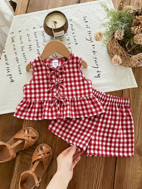 LMoss Kids Baby Girl Plaid Bow Decor Ruffle Hem Top And Shorts Cute Set, Baby Girl Party Vacation Red And White Plaid Summer Cute Funny Graphic