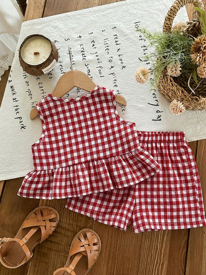 LMoss Kids Baby Girl Plaid Bow Decor Ruffle Hem Top And Shorts Cute Set, Baby Girl Party Vacation Red And White Plaid Summer Cute Funny Graphic