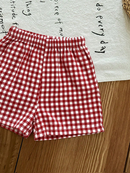LMoss Kids Baby Girl Plaid Bow Decor Ruffle Hem Top And Shorts Cute Set, Baby Girl Party Vacation Red And White Plaid Summer Cute Funny Graphic