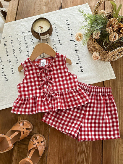 LMoss Kids Baby Girl Plaid Bow Decor Ruffle Hem Top And Shorts Cute Set, Baby Girl Party Vacation Red And White Plaid Summer Cute Funny Graphic