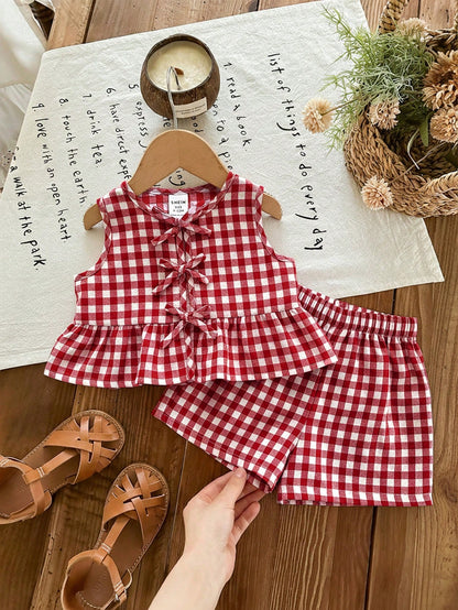 LMoss Kids Baby Girl Plaid Bow Decor Ruffle Hem Top And Shorts Cute Set, Baby Girl Party Vacation Red And White Plaid Summer Cute Funny Graphic