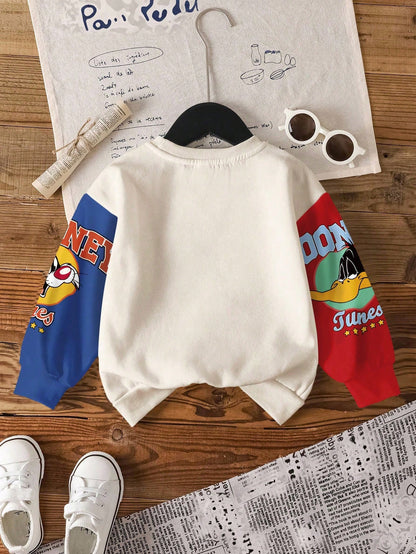 LOONEY TUNES X Young Boy Casual Fashionable Street Cartoon Letter Graphic Contrast Color Dropped Shoulder Loose Pullover Sweatshirt