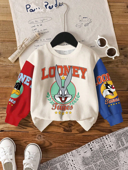 LOONEY TUNES X Young Boy Casual Fashionable Street Cartoon Letter Graphic Contrast Color Dropped Shoulder Loose Pullover Sweatshirt
