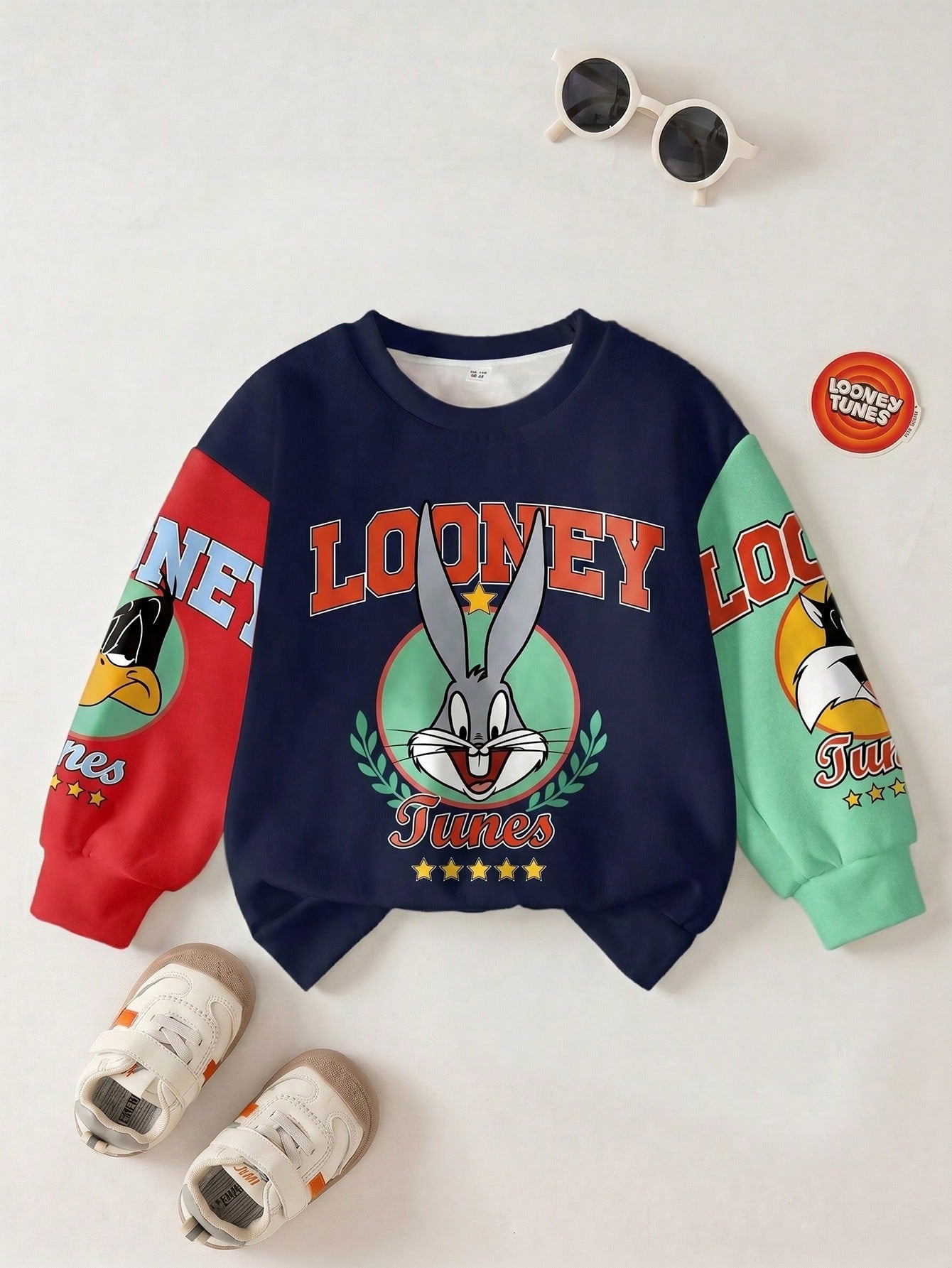 LOONEY TUNES X Young Boy Casual Fashionable Street Cartoon Letter Graphic Contrast Color Dropped Shoulder Loose Pullover Sweatshirt