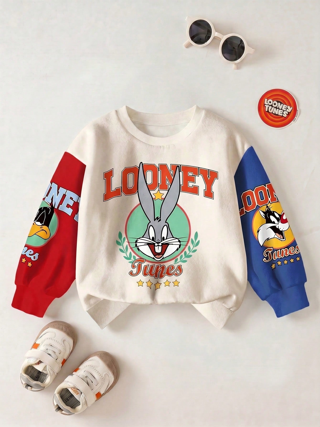 LOONEY TUNES X Young Boy Casual Fashionable Street Cartoon Letter Graphic Contrast Color Dropped Shoulder Loose Pullover Sweatshirt